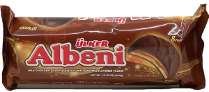 Ulker Albeni milk chocolate coated biscuit with caramel flavored filling, 8-pieces 12.13-ounce / 344-gram packages (case of 12)