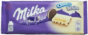 Milka Oreo White alpine milk chocolate & cookie candy bar 100-gram wrapper in box (case of 22)
