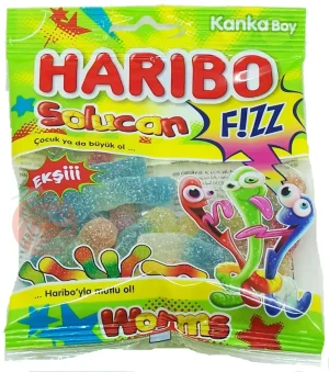 Haribo Solucan F!ZZ gummy worms candy 70-gram bags in box (case of 24)