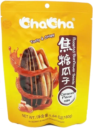 Cha Cha roasted sunflower seeds, caramel flavor 160-gram stand up bags in box (case of 18)