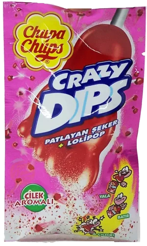Chupa Chups(r) Crazy Dips patlayan seker + lolipop, cilek aromali in 24 x 16-gram packets in display box