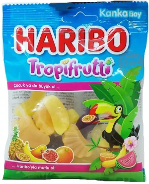 Haribo Tropifrutti tropical flavor gummy candy, 80-gram bags (case of 24)