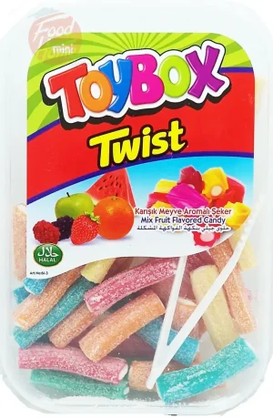 Toy box Twist mini flavors of Twist, sour rope, sour wand brick, or sour belt, 250-gram plastic tubs (case of 24)