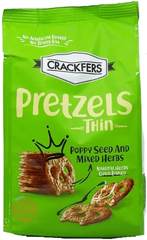 Crackfers Thin pretzels, poppy seed and mixed herbs, over baked, 12.3-ounce bags (case of 12)