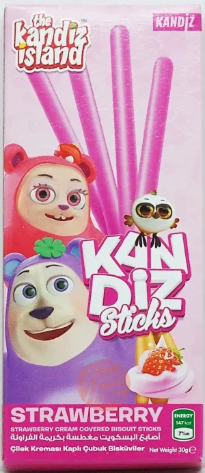 Kandiz Sticks strawberry cream covered biscuit sticks, 24 x 30-gram display boxes