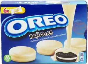 Oreo Banadas Blanco sandwich creme cookie covered in banana flavored chocolate, 6-individually wrapped, 246-gram boxes (case of 10)