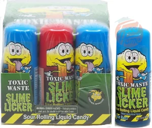 Toxic Waste Slime Licker sour rolling liquid candy, 2-fluid ounce rolls on plastic tubes, 12-pack display