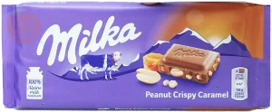Milka peanut crispy caramel candy bar with milk chocolate, 100-gram bars in wrapper (case of 24)