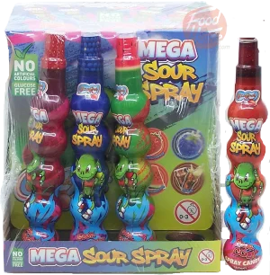 Mega Sour Spray strawberry, raspberry, watermelon or cola random flavor, 16 x 105-ml pump spray in display box
