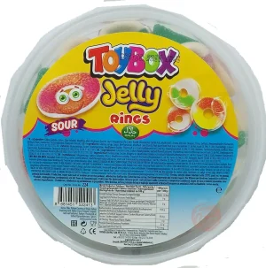 Toy box Jelly sour rings gummie candy, 100-gram plastic bowl (case of 12)