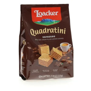 Loacker Quadratini espresso cream filled wafer cookies, bite-sized 220-gram / 7.76-ounce bags (case of 6)