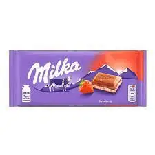 MIlka strawberry filled milk chocolate 100-gram candy bar in display box (case of 22)