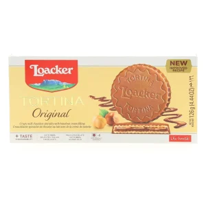 Loacker Tortina original; milk chocolate with hazelnut filling 6 x 21-gram pieces boxes (case of 12)