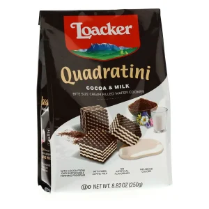 Loacker Quadratini cocoa & milk bite size cream filled wafer cookies, 250-gram / 8.81-ounce bags (case of 6)