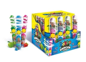 Bobbo Dancer candy in strawberry, raspberry, apple flavors, 16x23-gram plastic toy (master case of 8)