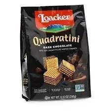 Loacker Quadratini dark chocolate; bite size cream filled wafer cookies, 250-gram bags in display tray (case of 6)