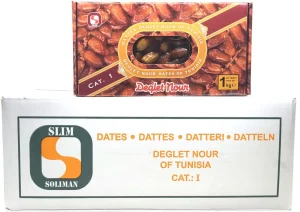 Slim Deglet Nour dates of tunisia, conditioned 1-kg box (case of 12)