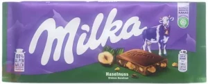 Milka Haselnuss milk chocolate with broken hazelnuts candy bar, 100-gram wrappers (case of 22)