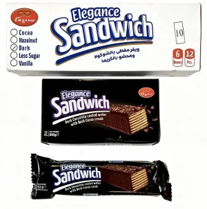 Elegance Sandwich dark chocolate coated wafer with Dark Cocoa cream, 12 x 600-gram in wrapper