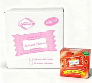 Mahmoud Sharawi strawberry flavour chewing gum, 100-packets 7.35-oz / 210-grams display boxes (case of 24)