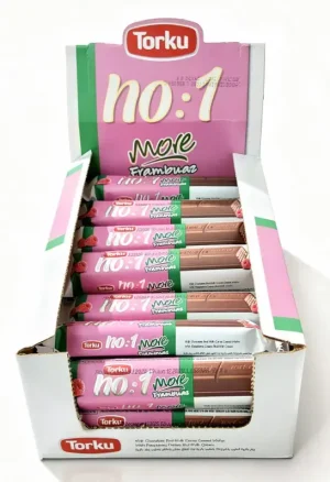 Torku no.1 more Frambuaz milk chocolate coated wafer with raspberry cream and milk cream, 24 x 32-gram individually wrapped in display box