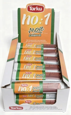 Torku no.1 more caramel milk chocolate coated wafer with cream caramel biscuits cream and hazelnut, 24 x 32-gram individually wrapped in display box