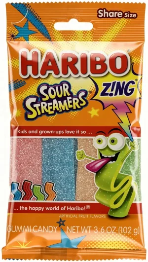 Haribo Sour Streamers gummi candy, 3.6-ounce / 102-gram hanging bag (case of 12)