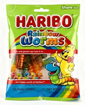 Haribo rainbow worms gummi candy, 4-ounce / 113-gram hanging bag (case of 12)