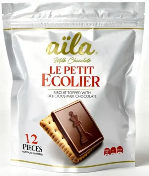 aila Le Petit E Colier, biscuit topped with milk chocolate, 12 x 20-gram pieces in stand up bag (case of 12)