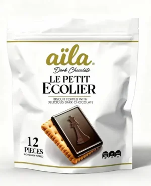 aila Le Petit E Colier, biscuit topped with dark chocolate, 12 x 20-gram pieces in stand up bag (case of 12)