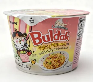 Samyang Buldak Cream Carbonara; spicy ramen noodle, spicy chicken flavor, 4.23-ounce / 120-gram big bowl (tray of 6)