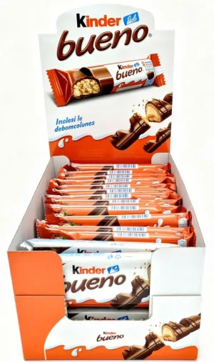 Kinder Bueno milk chocolate covered hazelnut filled wafer bars, 2-finger, 1.5-ounce / 43-gram wrappers (case of 30)