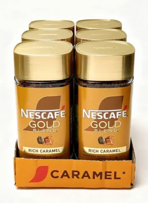 Nescafe Gold blend rich caramel flavoured instant coffee granules, intensity 7, 3.35-ounce / 95-gram glass jars (case of 6)