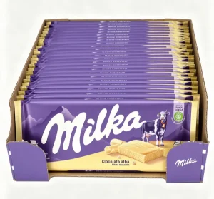 Milka white chocolate 3.17-ounce / 90-gram candy bars in display box (case of 24)