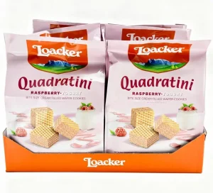 Loacker Quadratini raspberry yogurt bite size filled wafer cookies, bite size, 7.76-ounce / 220-gram bags (case of 6)