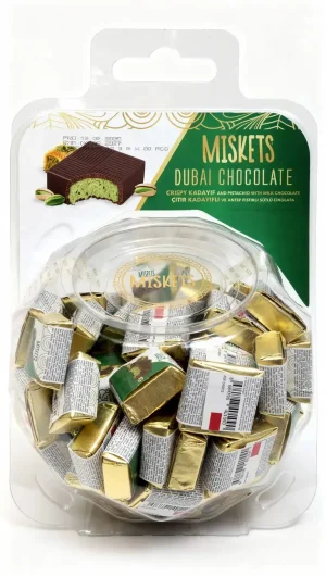 Miskets dubai chocolate, crispy kadayif and pistachio with milk chocolate, 80-pieces in plastic jar, .45-ounce /13-gram individually wrapped