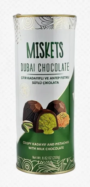 Miskets dubai chocolate, crispy kadayif and pistachio with milk chocolate 8.82-ounce / 250-gram individually wrapped in cannister (case of 10)