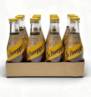 Schweppes gold peach sparkling soda malt beverage, 250-ml glass bottle (case of 12)