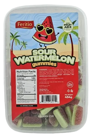 Feritio sour watermelon gummies with fruit juice 1-pound / 454-gram plastic tub (case of 12)