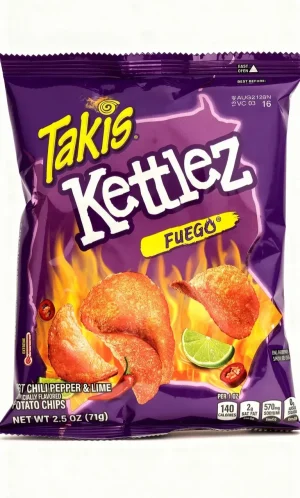 Takis Kettlez Fuego hot chili & lime flavored potato chips, 2.5-ounce / 71-gram bag (case of 20)