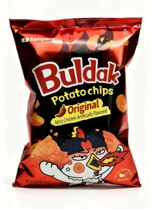 Samyang Buldak original potato chips, spicy chicken flavor, 4.23-ounce / 120-gram bag (case of 12)