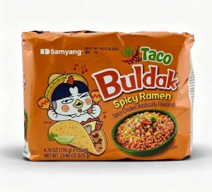 Samyang Buldak taco flavored spicy chicken ramen noodle kit, 5 x 4.76-ounce / 135-gram in wrapper (case of 8)