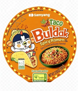 Samyang Buldak taco; ramen noodle, spicy chicken flavor, 3.70-ounce / 106-gram microwave bowl (tray of 6)
