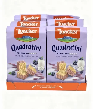 Loacker Quadratini blueberry yogurt bite size filled wafer cookies, bite size, 7.76-ounce / 220-gram bags (case of 6)