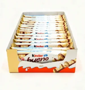 Kinder bueno White hazelnut cream filled wafer candy bar, 2-finger, 39-gram wrapper (2 x 15 cases taped together)