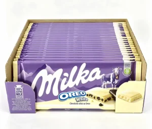 Milka Oreo white chocolate filled bars, 3.52-ounce / 100-gram box (case of 22)