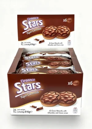 Elegance Stars triple chocolate 6-biscuits with chocolate and cocoa cream, 1.2-ounce / 34-gram in wrapper (case of 24)