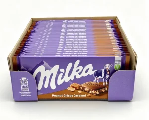 Milka peanut crispy caramel milk chocolate bars, 3.17-ounce / 90-gram box (case of 24)
