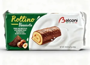 Balconi Rollino Nocciola sponge cake snack filled with hazelnut cream, 6-individually wrapped, 7.8-ounce / 222-gram tray in wrapper (case of 20)