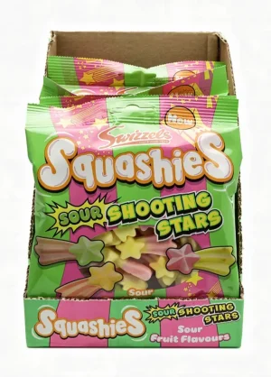 Swizzels Squashies Shooting Stars sour fruit flavors soft candy, 3.52-ounce / 100-gram hanging bag (case of 12)